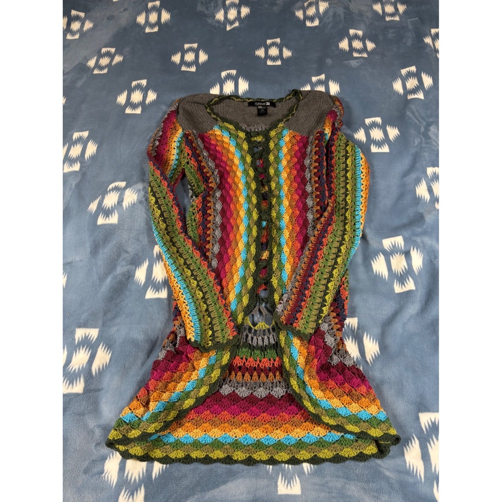Forever 21 Rainbow Crochet Chevron Shell Stitch Open Front Cardigan Medium
